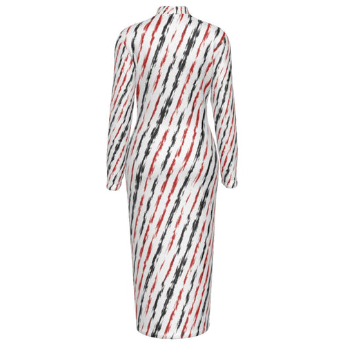 Shop the Colorado Lightning Reversible Turtleneck Zip Dress by Ella Adire. Heavyweight 210g/m² stretch bodycon midi dress featuring crimson and onyx feather strokes.