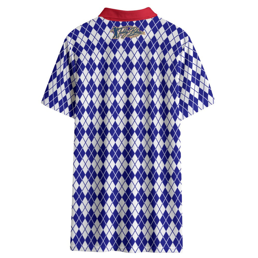 Shop the Argyle Americano Short Golf Polo by Teddy Blaze. 145 GSM blue & white argyle performance polo with red collar from TEDDY FORE!.