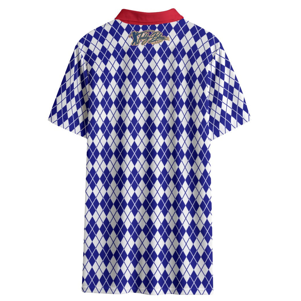 Shop the Argyle Americano Short Golf Polo by Teddy Blaze. 145 GSM blue & white argyle performance polo with red collar from TEDDY FORE!.