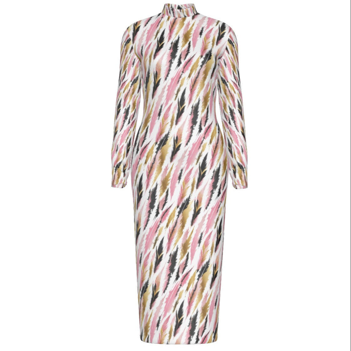 Shop the Avi Rose Reversible Turtleneck Zip Dress by Ella Adire. Heavyweight 210g/m² stretch bodycon midi dress featuring a blush pink and gold feather motif.