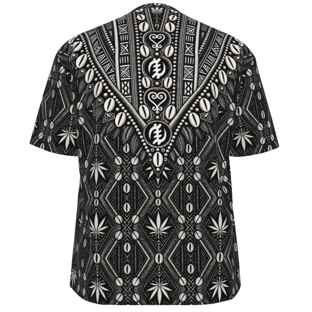 The DaChek Dashiki combines Teddy Blaze's signature textile with cowrie and Adinkra-inspired ornamentation, short sleeves and functional patch pockets.