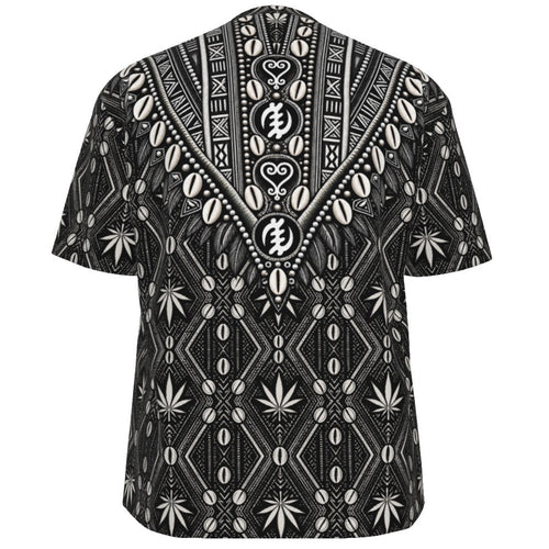 A short-sleeve button-up shirt with a bold black and white tribal-inspired geometric pattern, featuring a V-neckline with central heart and tribal motifs, displayed on a solid white background.