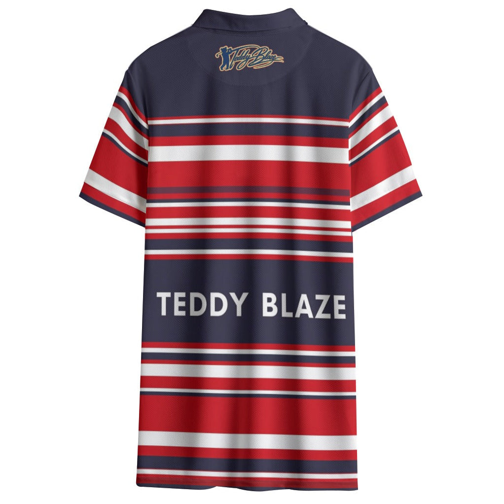 Shop the NYC Signature Striped Short Golf Polo by Teddy Blaze. 145 GSM navy, red & white striped performance polo with block typography from TEDDY FORE!.