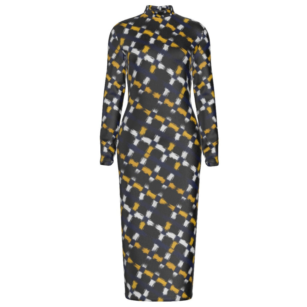 A long-sleeve mock-neck midi dress with a geometric plaid pattern in black, mustard yellow, and white, shown on a plain white background.