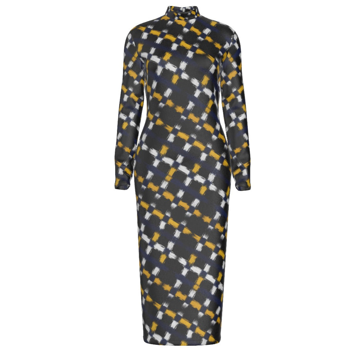 A long-sleeve mock-neck midi dress with a geometric plaid pattern in black, mustard yellow, and white, shown on a plain white background.