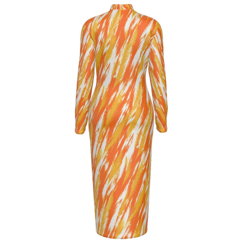 Shop the Avi Oro Reversible Turtleneck Zip Dress by Ella Adire. Heavyweight 210g/m² stretch bodycon midi dress featuring a sun-drenched golden feather print.