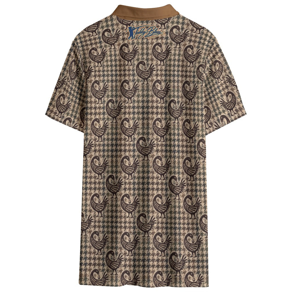 Shop the Sankofa Tweed Mudcloth Golf Polo by Teddy Blaze. Breathable birdseye knit featuring a houndstooth print and iconic Sankofa motif in warm earth tones.