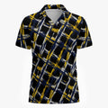 Shop the Highland Noir V-Neck Mesh Golf Polo by Teddy Blaze. Breathable 200g/m² performance mesh polo featuring a bold black, navy, gold, and white tartan grid.