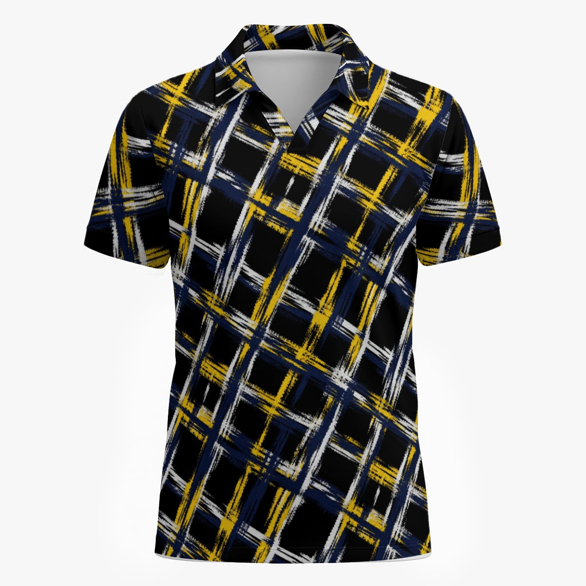 Shop the Highland Noir V-Neck Mesh Golf Polo by Teddy Blaze. Breathable 200g/m² performance mesh polo featuring a bold black, navy, gold, and white tartan grid.