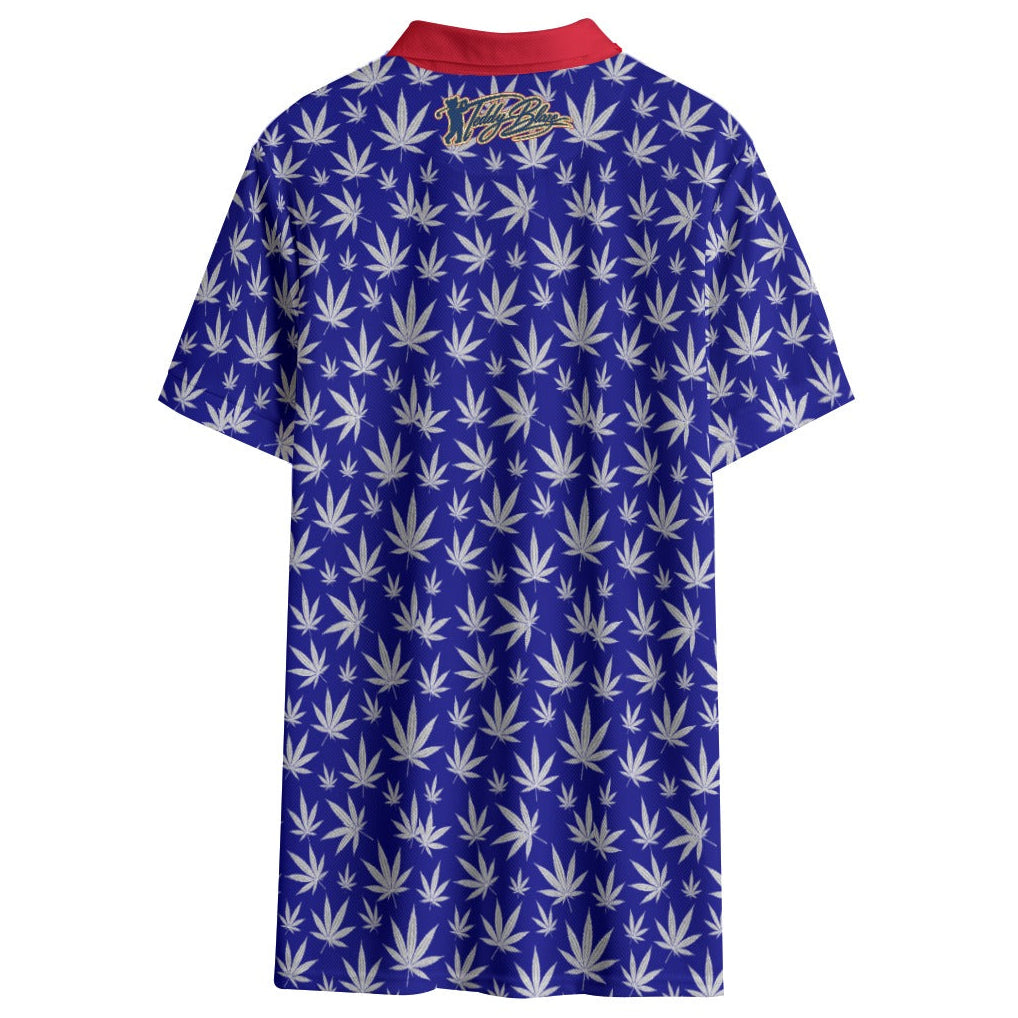 Shop the Hazy Americano Short Golf Polo by Teddy Blaze. 145 GSM blue & red birdseye performance polo with white leaf print from TEDDY FORE!.