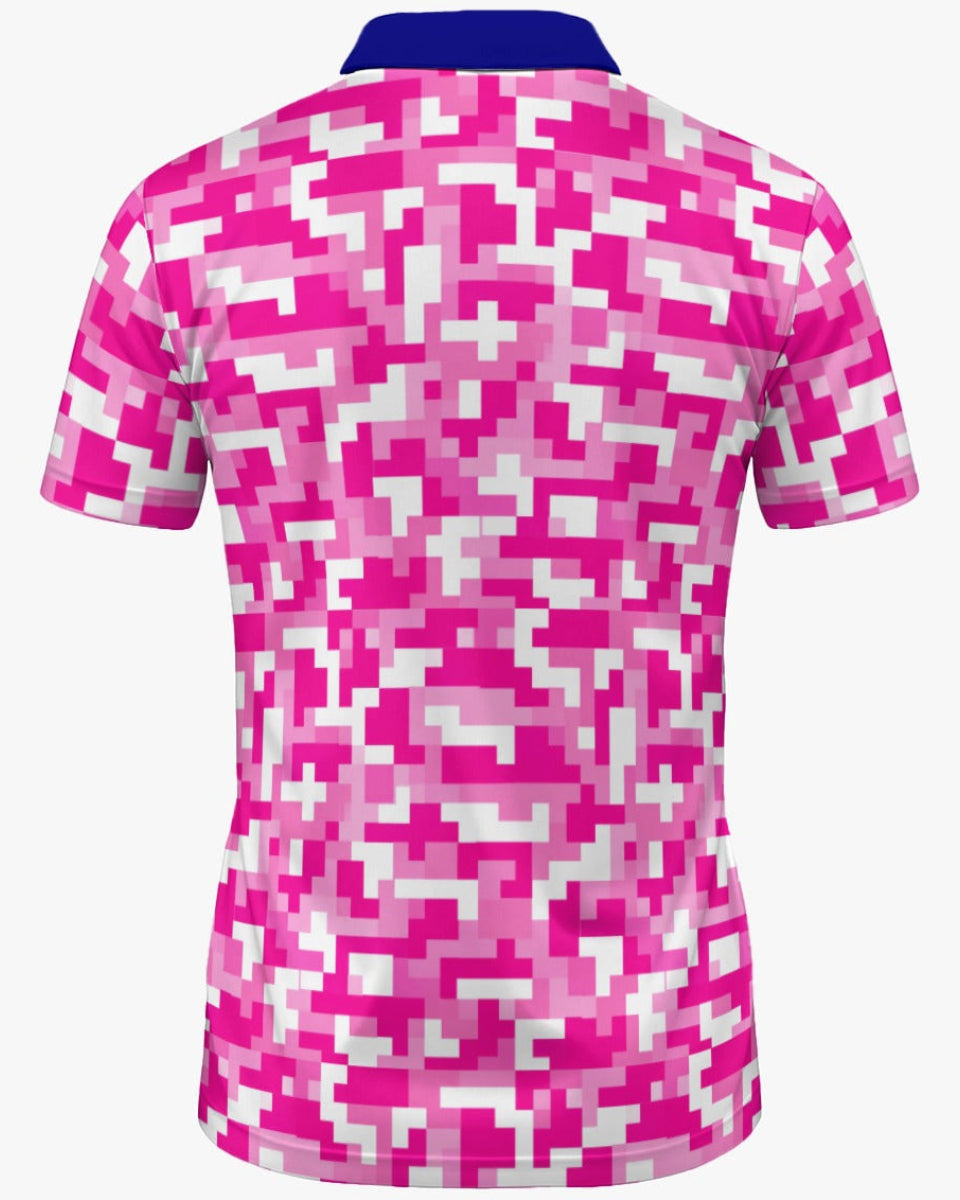 Shop the Iron + Ivy Digital Camo Mesh Open Polo by Teddy Blaze. Breast Cancer Awareness edition breathable mesh polo featuring magenta digital camo and a contrast royal blue open collar.