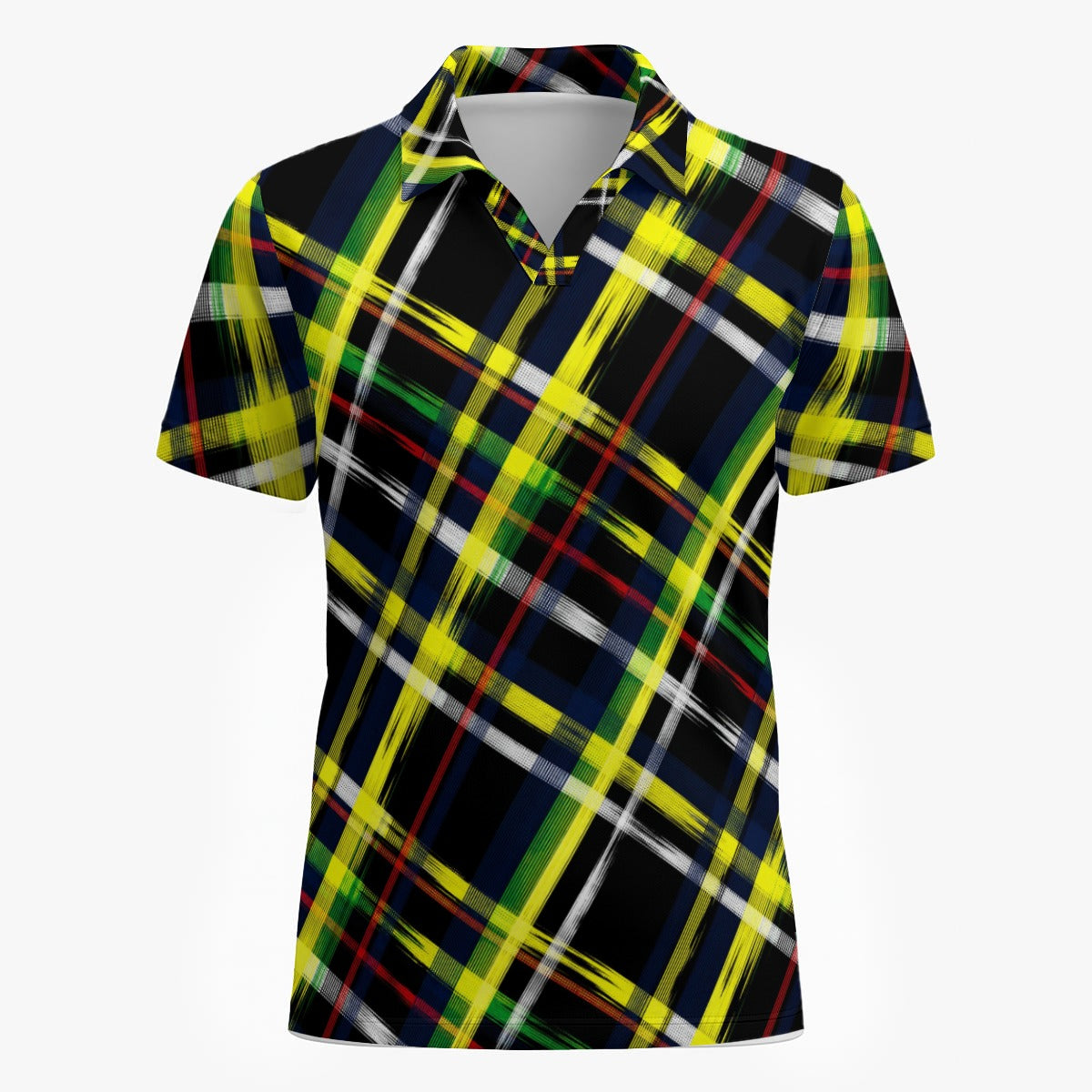 Shop the Highland Gold V-Neck Mesh Golf Polo by Teddy Blaze. Breathable 200g/m² mesh knit featuring an eye-catching yellow, black, and red tartan plaid.