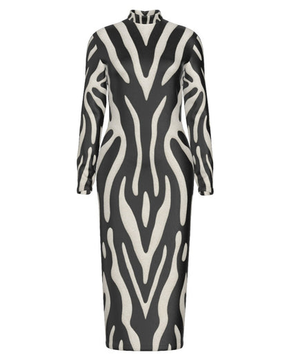 Animal Print Stand Collar Long Sleeve Midi Dress (ANI01)