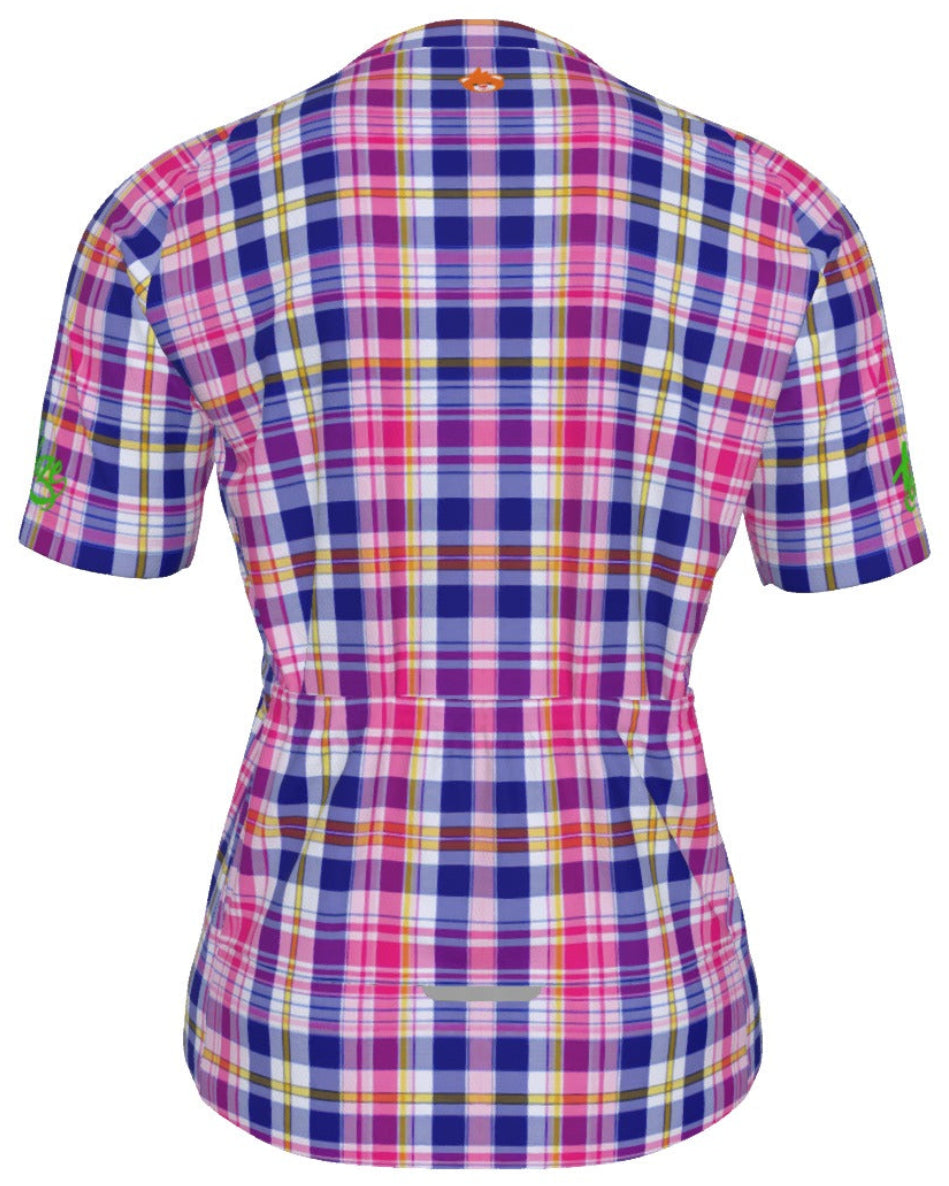 A short-sleeve cycling jersey shown from the back, featuring a vibrant pink, purple, and yellow plaid pattern on a white background.