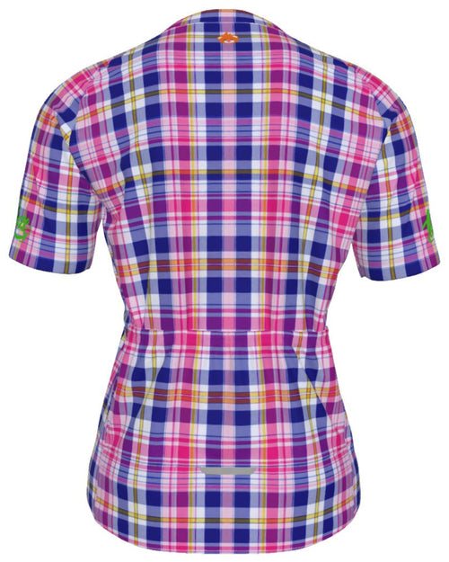 A short-sleeve cycling jersey shown from the back, featuring a vibrant pink, purple, and yellow plaid pattern on a white background.