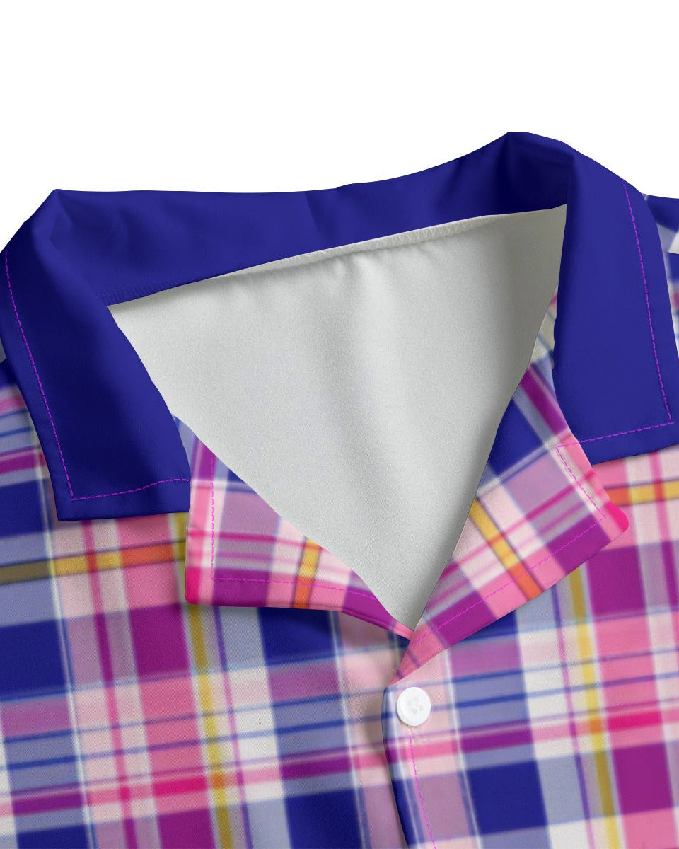 Close-up of a plaid button-up shirt with a solid royal blue collar and a white inner collar lining, shown against a white background.