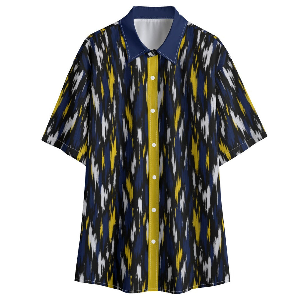 Shop the Highland Crest Short Sleeve Button-Down Shirt by Teddy Blaze. Lightweight 120g/m² resort shirt featuring a solid navy spread collar and gold placket trim.