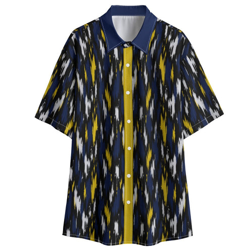 Shop the Highland Crest Short Sleeve Button-Down Shirt by Teddy Blaze. Lightweight 120g/m² resort shirt featuring a solid navy spread collar and gold placket trim.