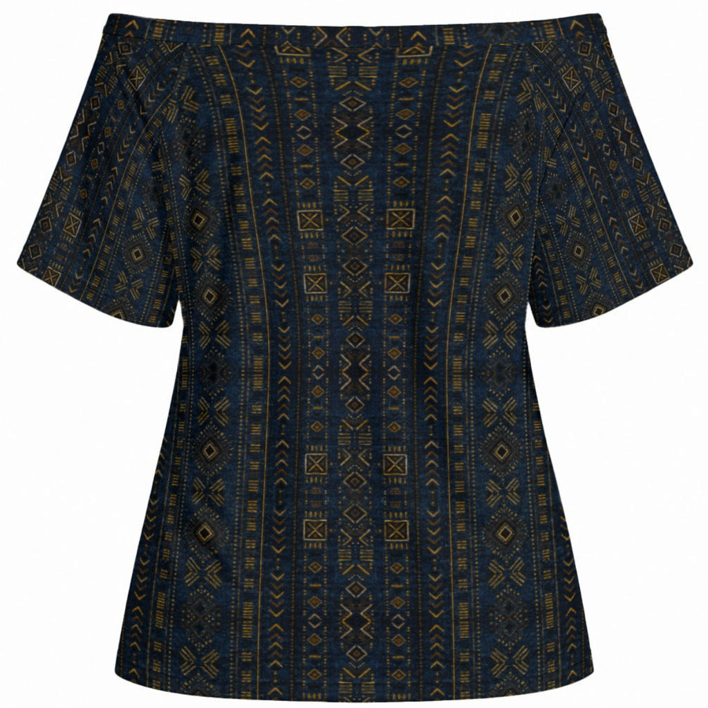 Shop the Teddy Blaze Mud of Indigo Off-the-Shoulder Tee, featuring an indigo-and-gold mudcloth-inspired print, relaxed fit and soft stretch fabric.