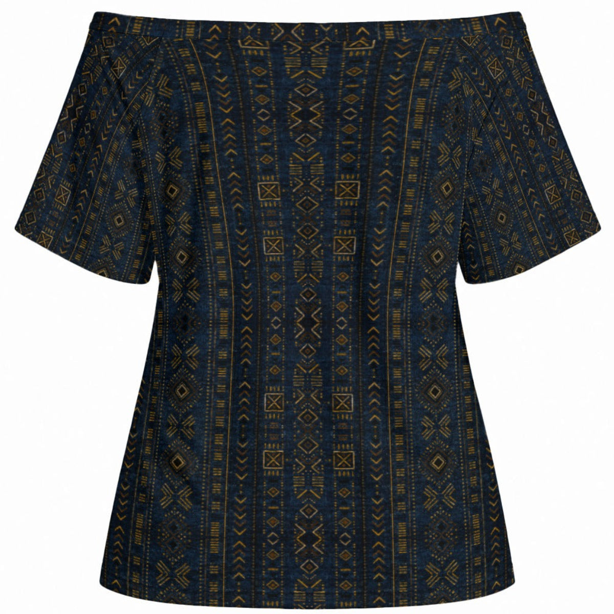 Shop the Teddy Blaze Mud of Indigo Off-the-Shoulder Tee, featuring an indigo-and-gold mudcloth-inspired print, relaxed fit and soft stretch fabric.