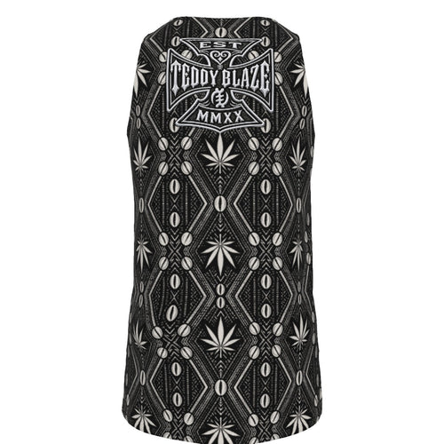 A sleeveless tank top with a black and white geometric tribal pattern and a central 'Teddy Blaze' graphic, shown against a plain white background.