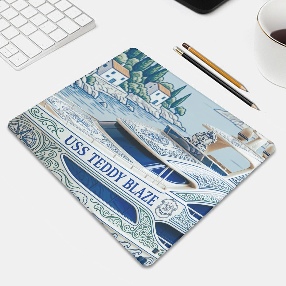 A coastal-themed SDB mousepad featuring the USS Teddy Blaze yacht design, blending maritime storytelling, desk lifestyle utility, and Silver Label collectible style.