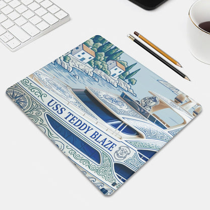 A coastal-themed SDB mousepad featuring the USS Teddy Blaze yacht design, blending maritime storytelling, desk lifestyle utility, and Silver Label collectible style.