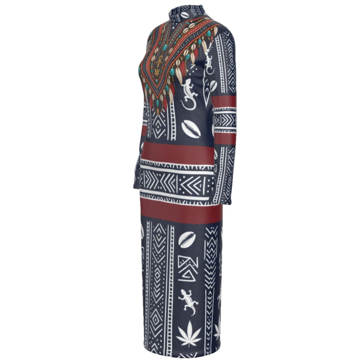 A long-sleeve maxi dress with a high mock neck, featuring a dark navy blue base with white tribal geometric patterns and red horizontal stripes.