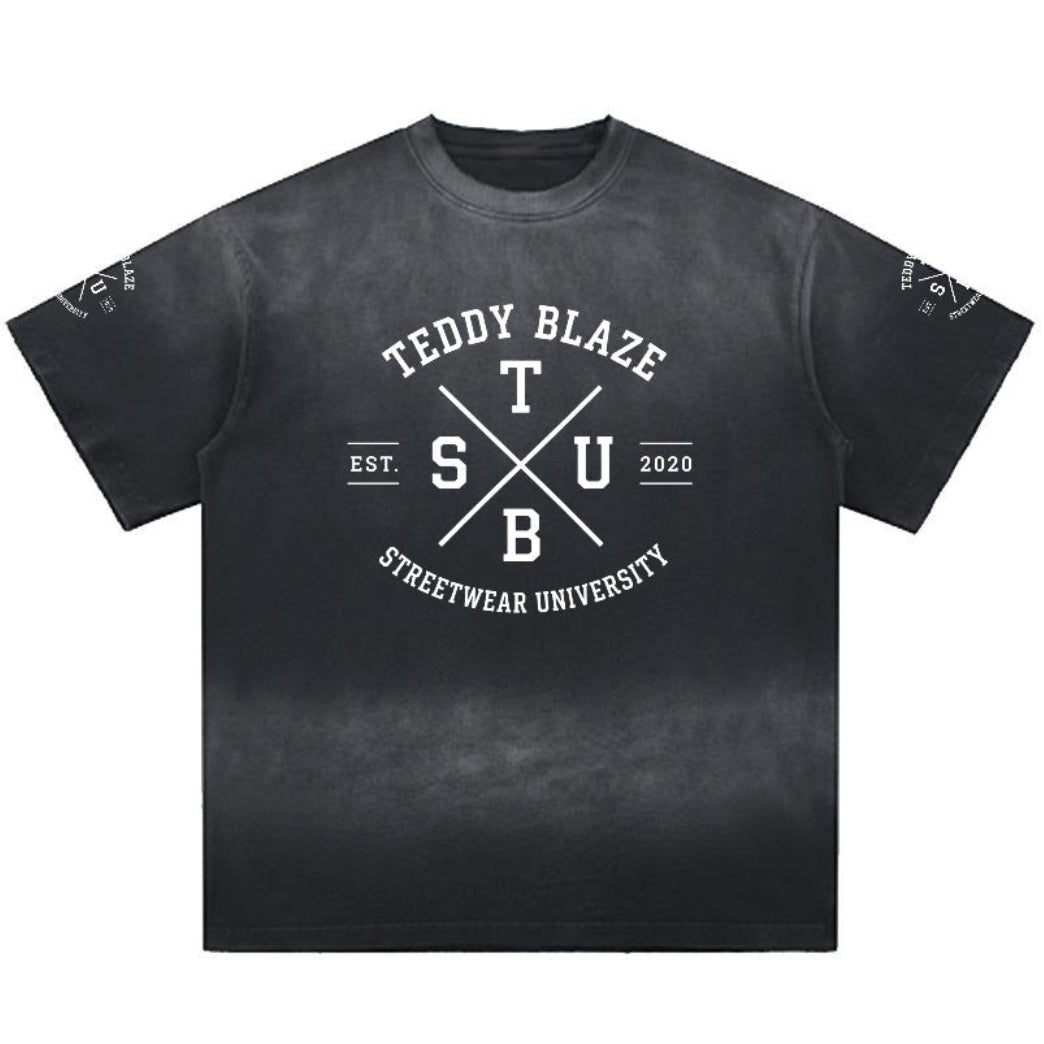 A black short-sleeve t-shirt with a white graphic print on the front reading 'TEDDY BLAZE STREETHWEAR UNIVERSITY' with 'T S U' in the center and 'EST. 2020' on either side of crossed lines.