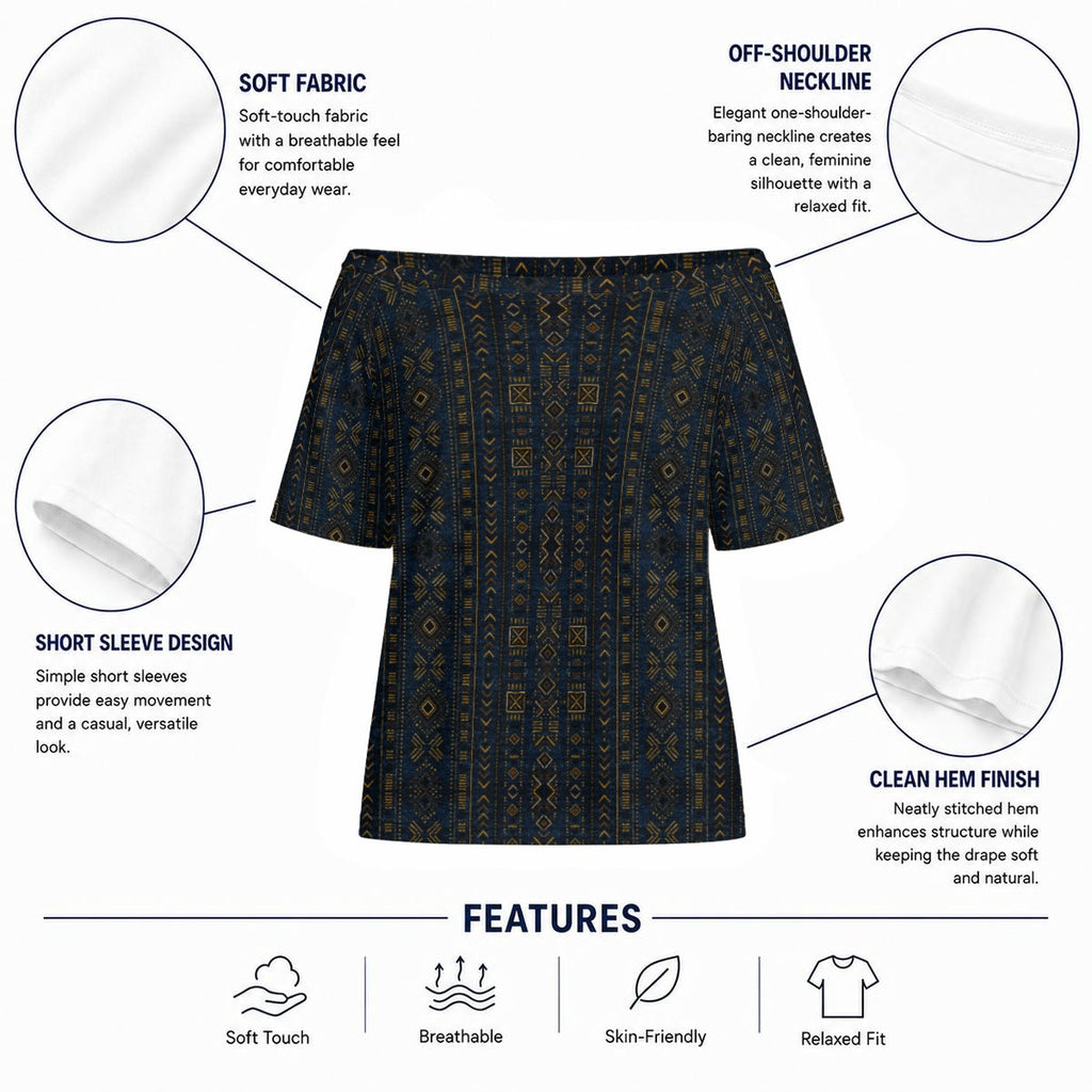 Shop the Teddy Blaze Mud of Indigo Off-the-Shoulder Tee, featuring an indigo-and-gold mudcloth-inspired print, relaxed fit and soft stretch fabric.