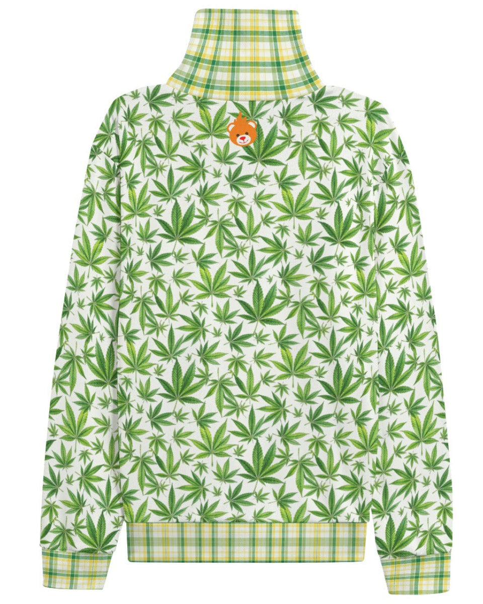 Shop the Iron + Ivy 420 Tartan Hacci Fleece Ribbed Knit Polo Neck Sweater by Teddy Blaze. Lightweight 280 GSM fleece turtleneck featuring an all-over botanical cannabis leaf print and yellow tartan trim.