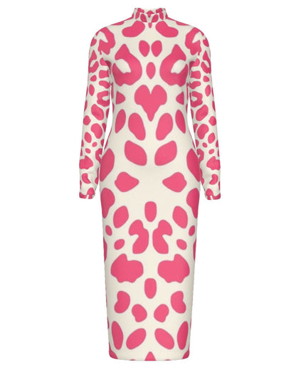Animal Print Stand Collar Long Sleeve Midi Dress (ANI03)