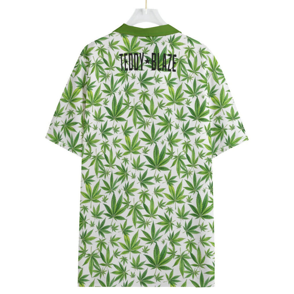 Shop the 420 Camp Shirt by Teddy Blaze. 120 GSM featherlight green cannabis leaf print resort button-down with olive collar from WHAT'S ON TOP.