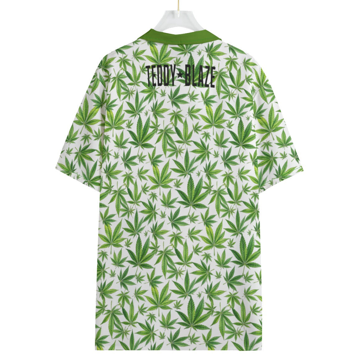 Shop the 420 Camp Shirt by Teddy Blaze. 120 GSM featherlight green cannabis leaf print resort button-down with olive collar from WHAT'S ON TOP.