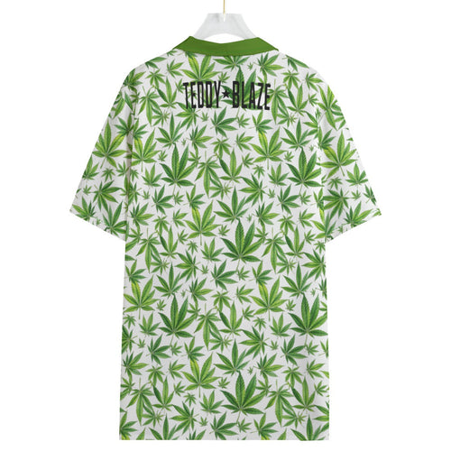 Shop the 420 Camp Shirt by Teddy Blaze. 120 GSM featherlight green cannabis leaf print resort button-down with olive collar from WHAT'S ON TOP.