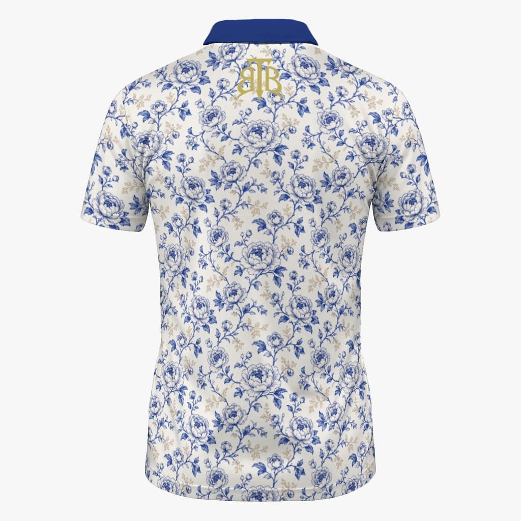 Shop the Porcelain Peonies Golf Shirt by Teddy Blaze. 200 GSM Birdseye performance poly polo featuring cobalt blue floral porcelain artwork from TOPS.