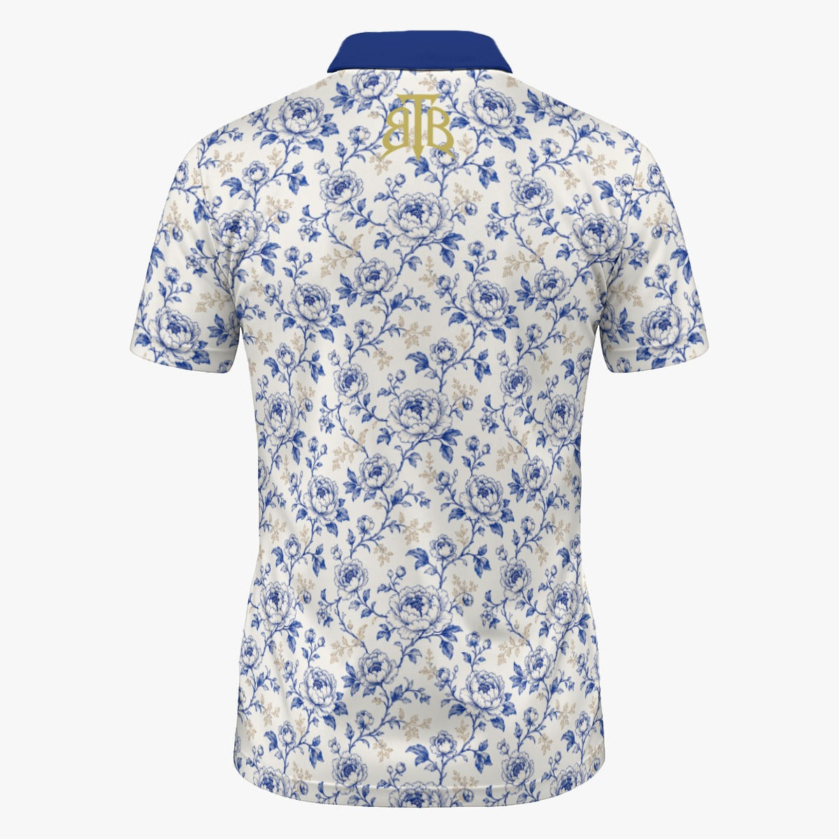 Shop the Porcelain Peonies Golf Shirt by Teddy Blaze. 200 GSM Birdseye performance poly polo featuring cobalt blue floral porcelain artwork from TOPS.