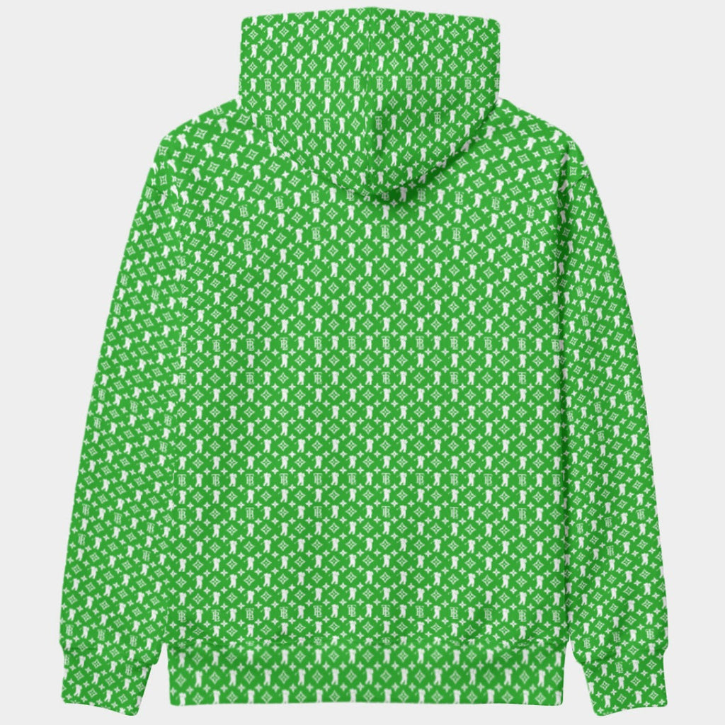 Shop the Iron + Ivy Fairway Cachet Pullover Hoodie by Teddy Blaze. High-tech scuba stretch hoodie in Kelly green with all-over RIG-B monogram and black inner hood.