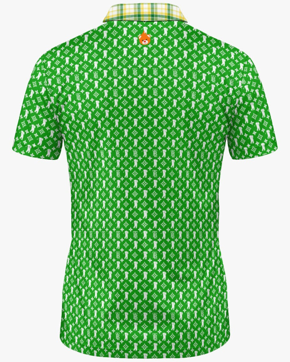 Shop the Iron + Ivy Bearo Tartan Cachet Mesh Open Polo by Teddy Blaze. Breathable mesh golf polo featuring a green luxury bear monogram print with a contrast lime tartan open collar.