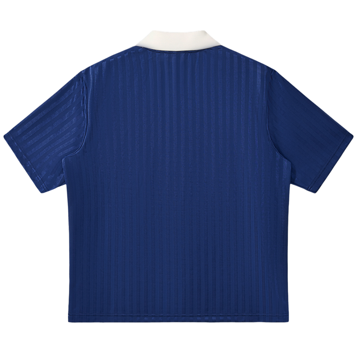Blue polo shirt with white collar on a white background