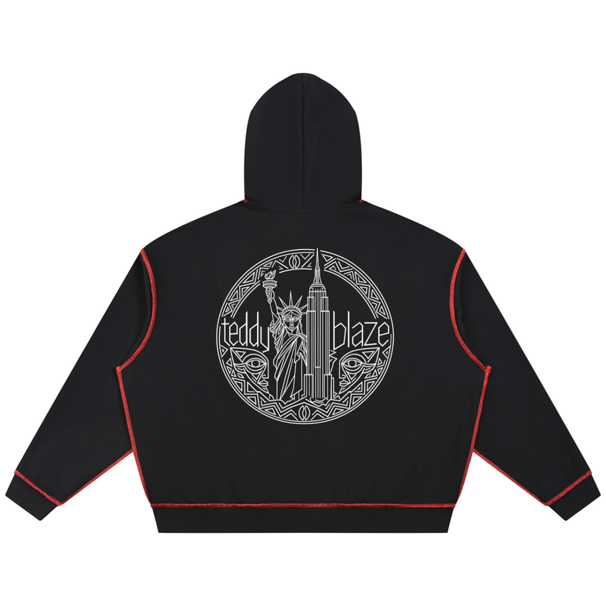 Black zip-up hoodie shown from the back, featuring a large circular white graphic with the text 'teddy blaze' and an illustration of the Statue of Liberty and Empire State Building. The hoodie has red piping along the seams and hood.