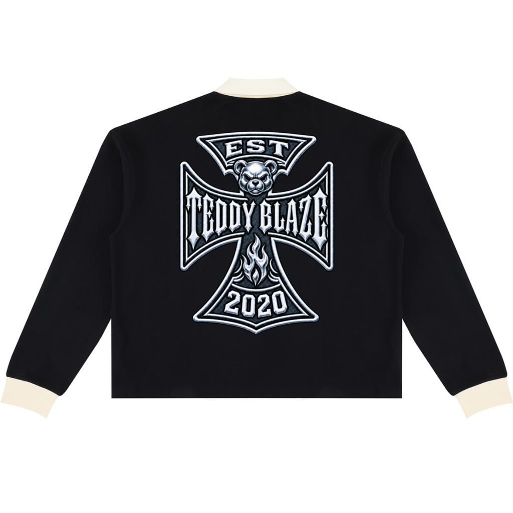 Shop the Mr. Teddy Blaze Rugby Shirt by Teddy Blaze. Heavyweight 320 gsm cotton-blend rugby shirt featuring contrast collar, biker bear front print, and DaCruz back crest.
