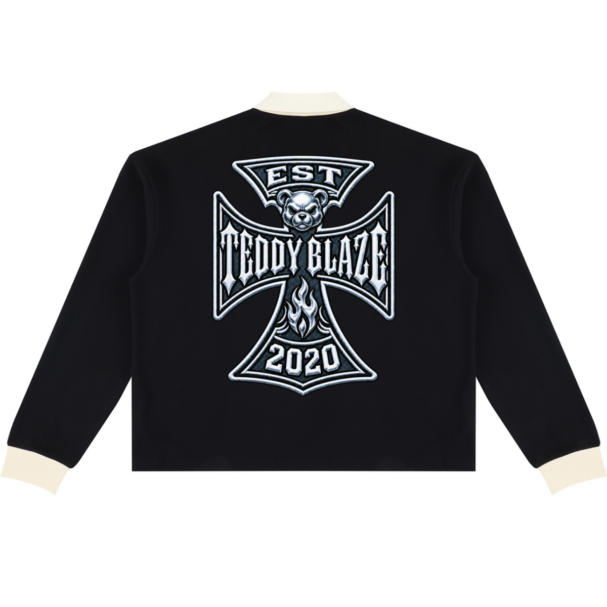 Shop the Mr. Teddy Blaze Rugby Shirt by Teddy Blaze. Heavyweight 320 gsm cotton-blend rugby shirt featuring contrast collar, biker bear front print, and DaCruz back crest.