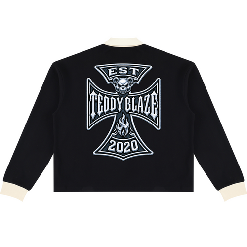 Shop the Mr. Teddy Blaze Rugby Shirt by Teddy Blaze. Heavyweight 320 gsm cotton-blend rugby shirt featuring contrast collar, biker bear front print, and DaCruz back crest.