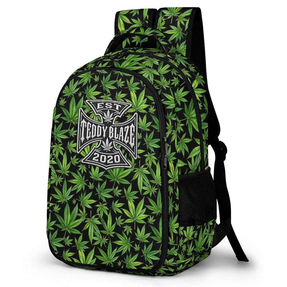 Shop the Botanical Backpack by Teddy Blaze. Premium polyester travel backpack with all-over cannabis leaf print and silver logo emblem from FUEGO.