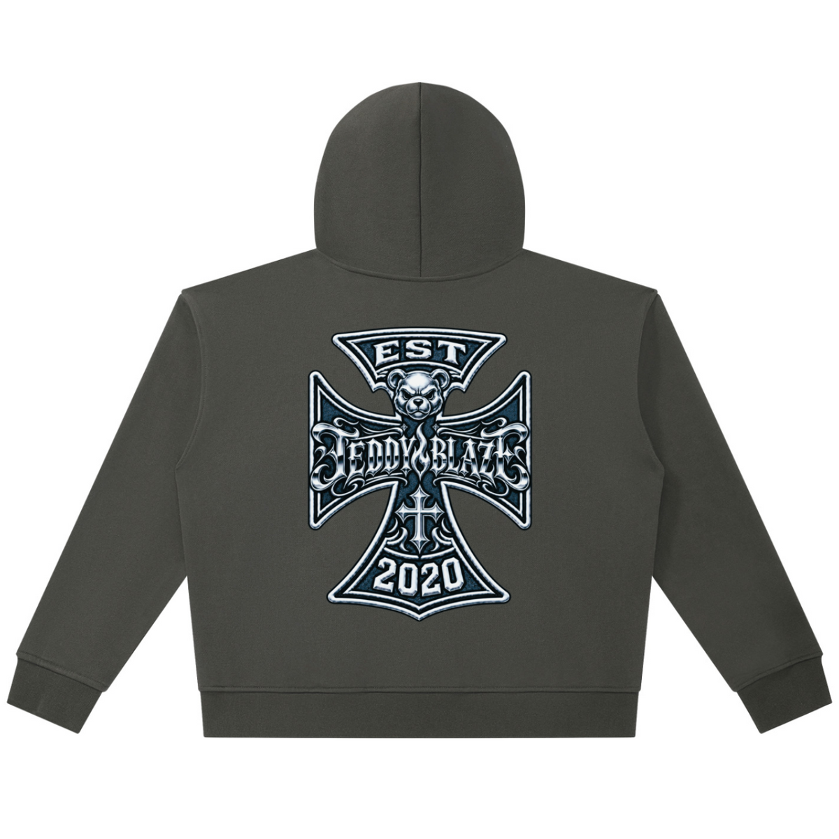 Shop the Fuego Cruz Heavy Cotton Zip Hoodie by Teddy Blaze. Heavyweight 420 gsm cotton full-zip hoodie with gothic chest script and DaCruz back crest.