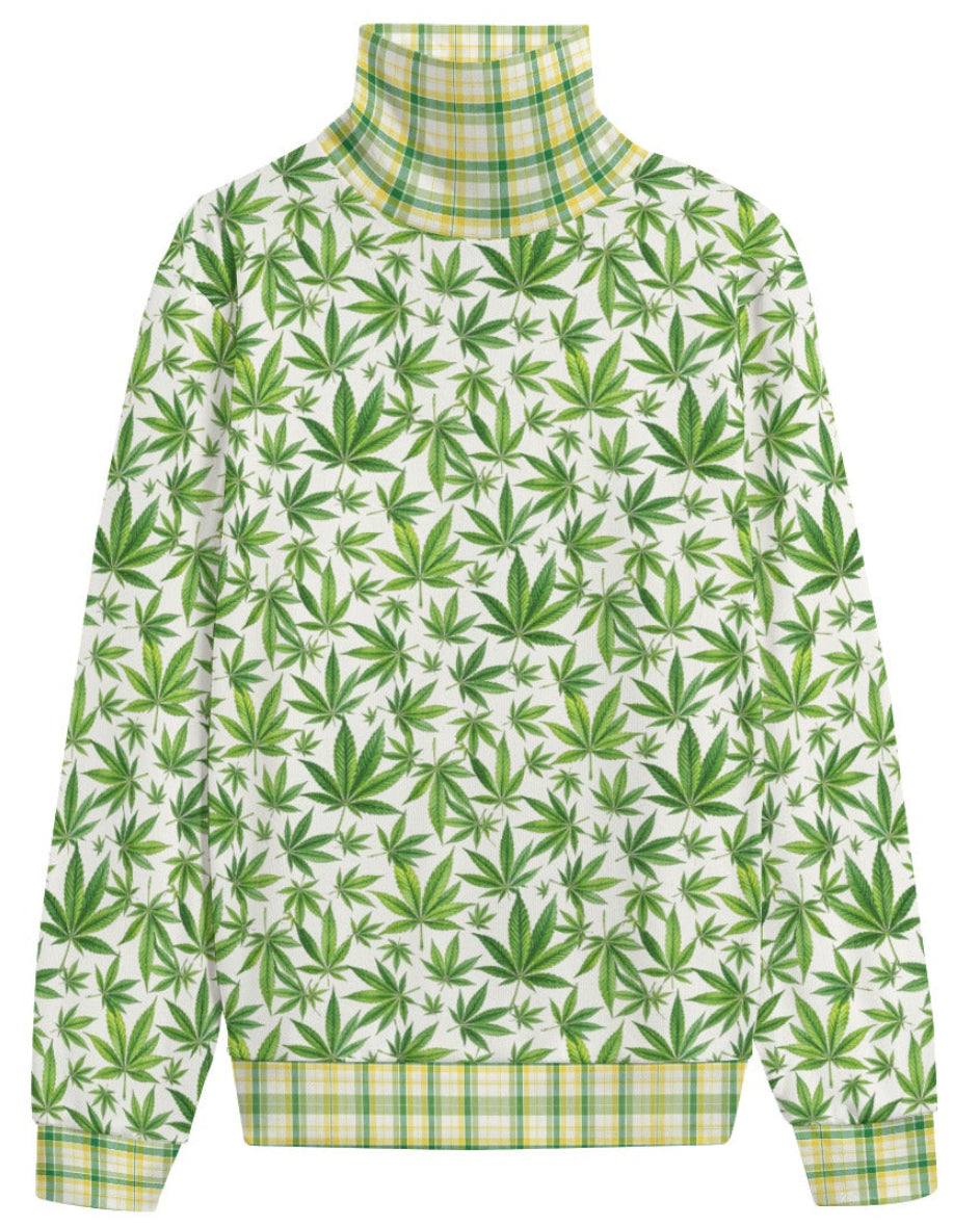 Shop the Iron + Ivy 420 Tartan Hacci Fleece Ribbed Knit Polo Neck Sweater by Teddy Blaze. Lightweight 280 GSM fleece turtleneck featuring an all-over botanical cannabis leaf print and yellow tartan trim.