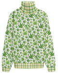 Shop the Iron + Ivy 420 Tartan Hacci Fleece Ribbed Knit Polo Neck Sweater by Teddy Blaze. Lightweight 280 GSM fleece turtleneck featuring an all-over botanical cannabis leaf print and yellow tartan trim.