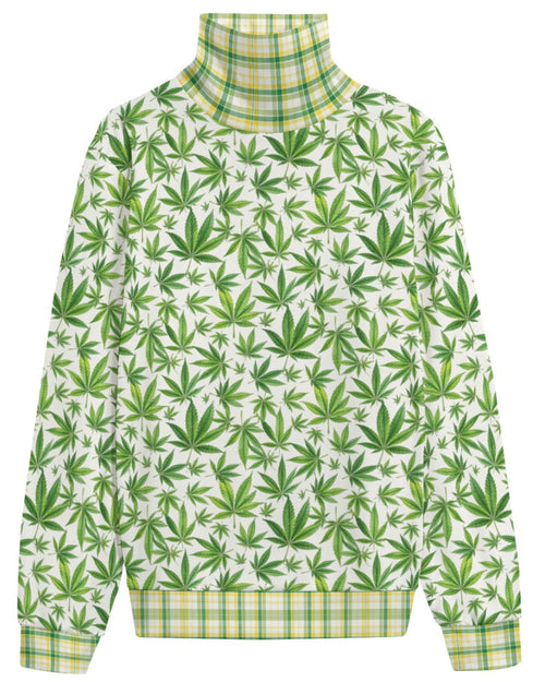 Shop the Iron + Ivy 420 Tartan Hacci Fleece Ribbed Knit Polo Neck Sweater by Teddy Blaze. Lightweight 280 GSM fleece turtleneck featuring an all-over botanical cannabis leaf print and yellow tartan trim.