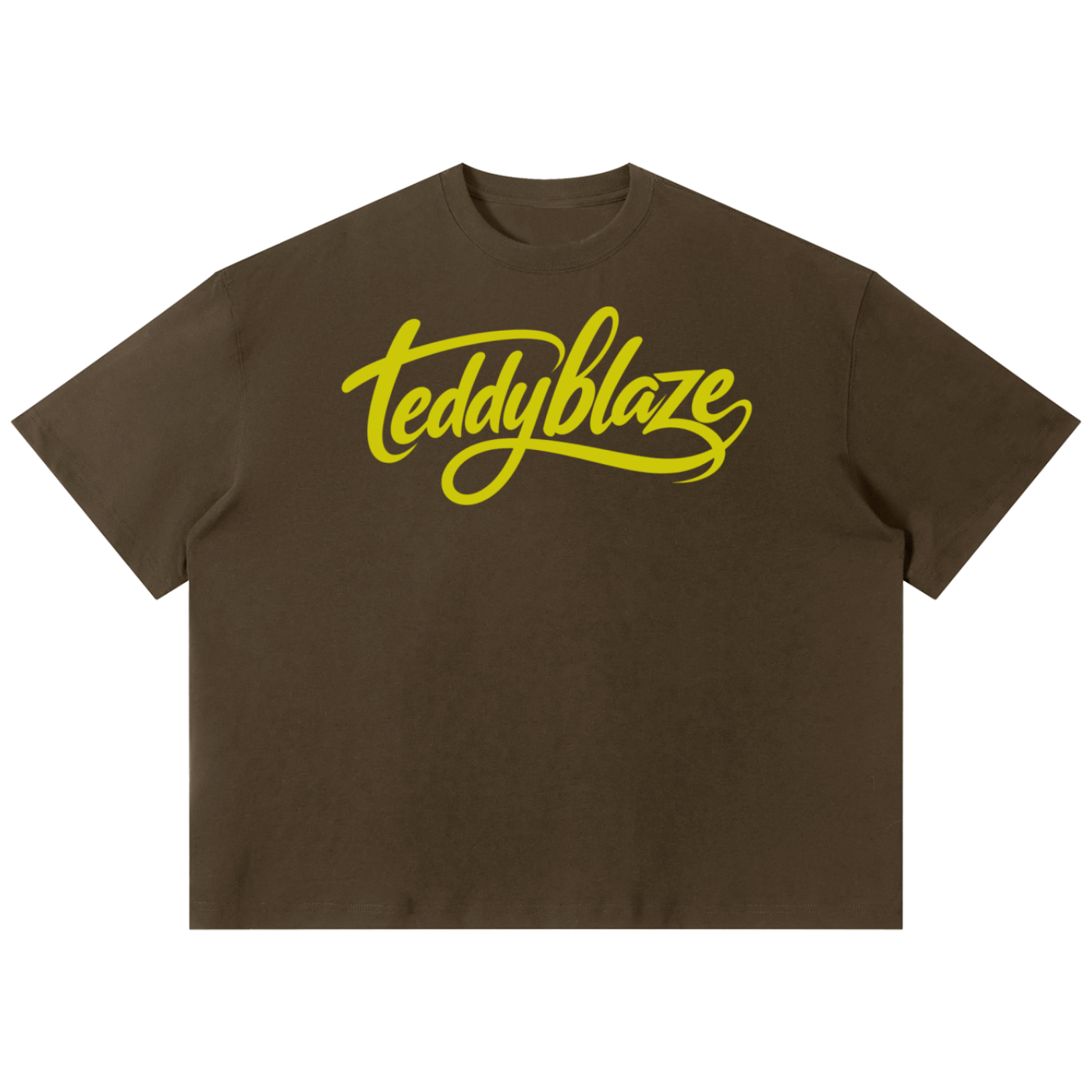 Shop the Signature Boxy Tee by Teddy Blaze. 220 GSM cotton-poly oversized drop-shoulder t-shirt with yellow script logo from TOPS BY TEDDY BLAZE.